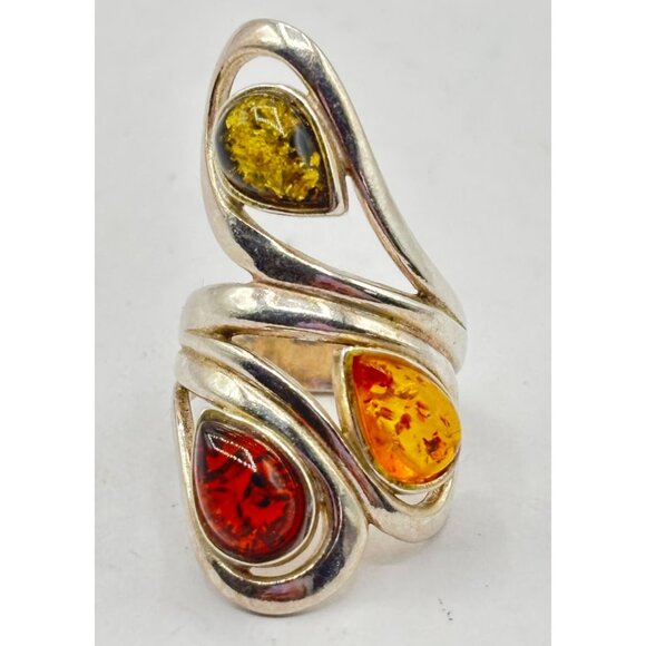 Sterling Silver 925 Multi-Color Amber Adjustable Statement Ring Size 5 - Picture 2 of 6